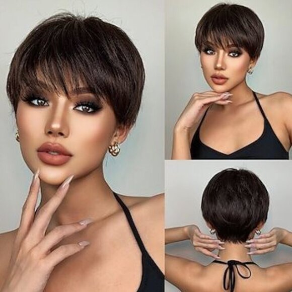 Short Layered Synthetic Wig, Brunette - Picture 1 of 6